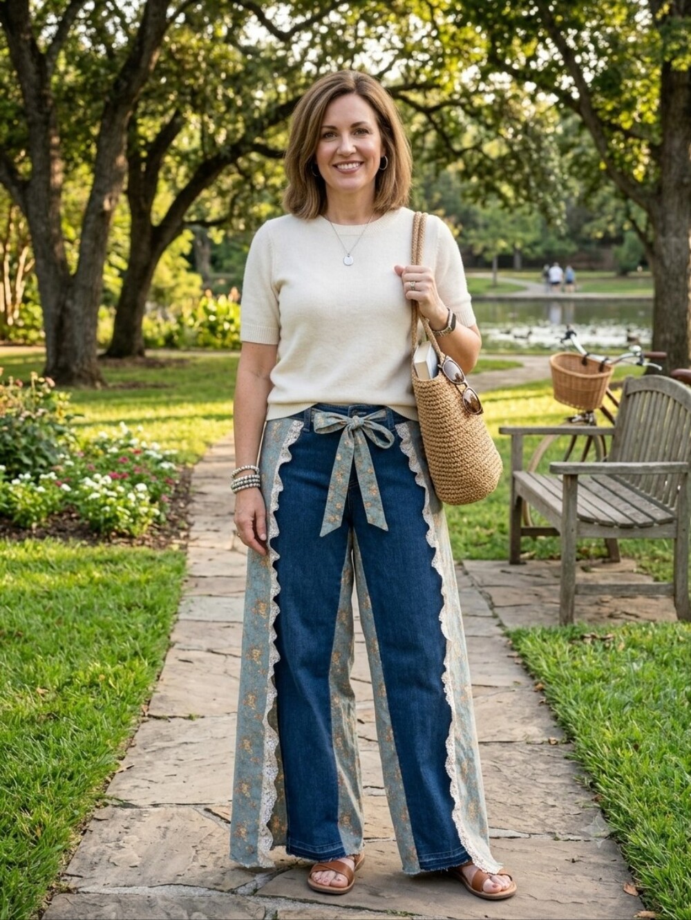 HAND CRAFTED wrap Jeans UPCYCLED denim wrap pants With Floral & Lace Size M